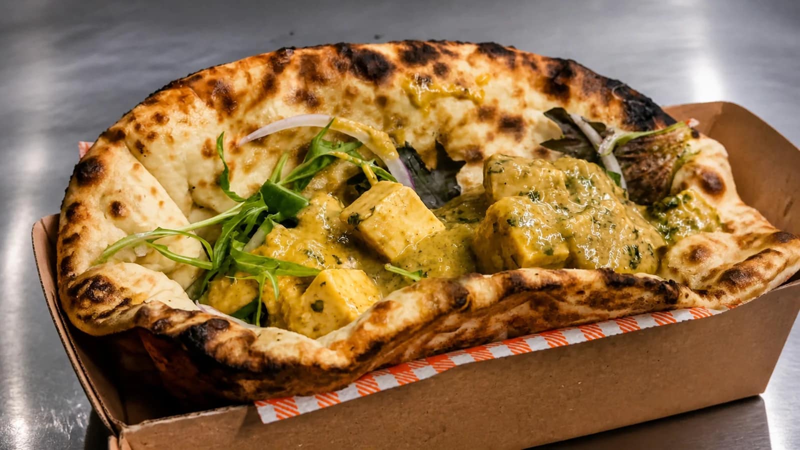 Paneer Malai Methi served in a naan taco at Punjabi Bytes in Woodridge