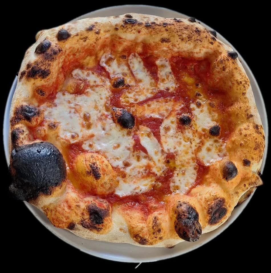 Solo Italiano pizza with tomato and melted cheese, photographed from above