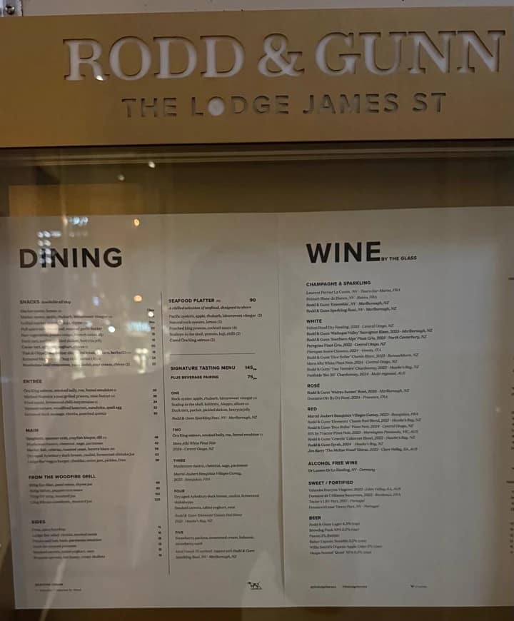 The Lodge James St dining and wine menu board photographed on 2 September 2026