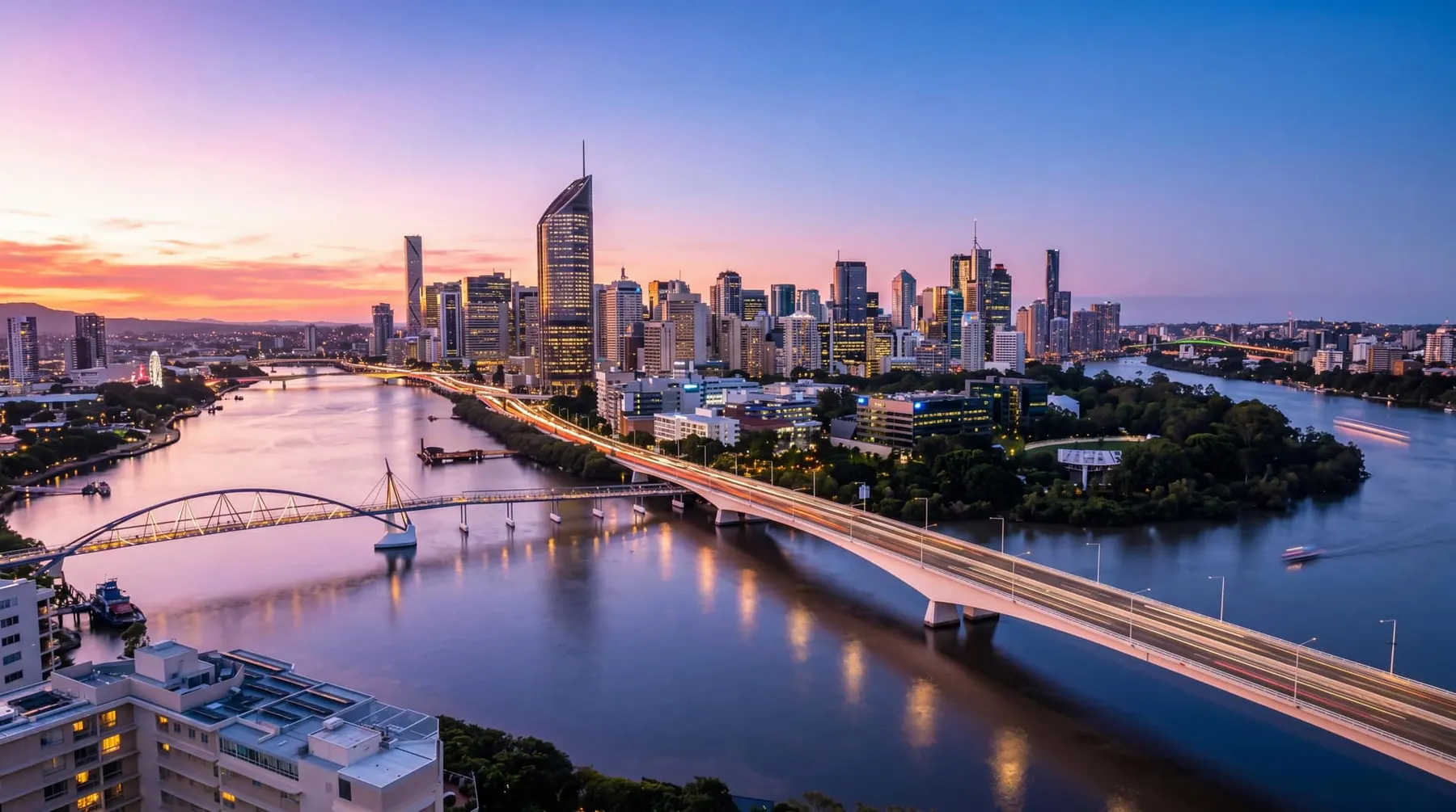 Brisbane city across the river at dusk