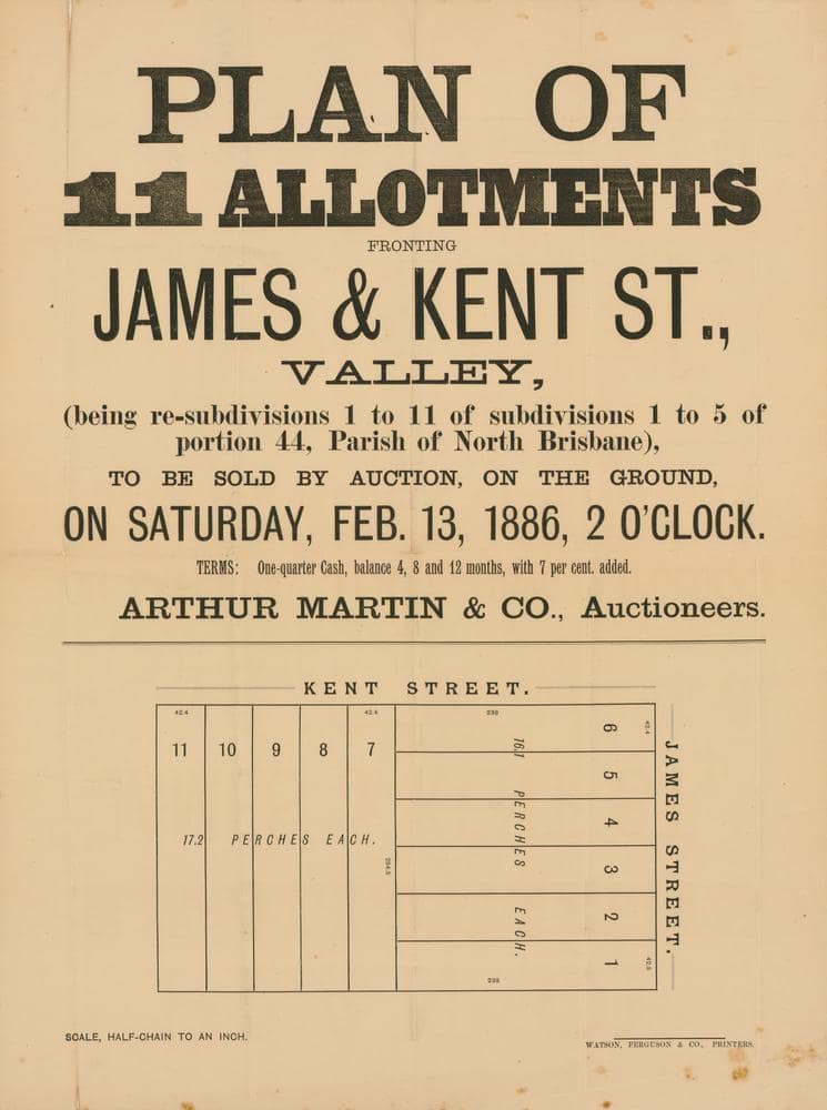 1886 estate map advertising 11 allotments on James and Kent streets