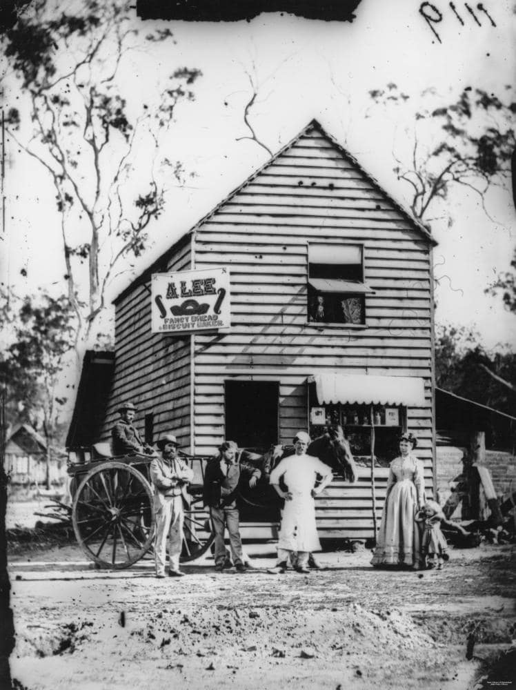 August Lee bakery and confectionery with staff and a horse-drawn cart in Beenleigh around 1872