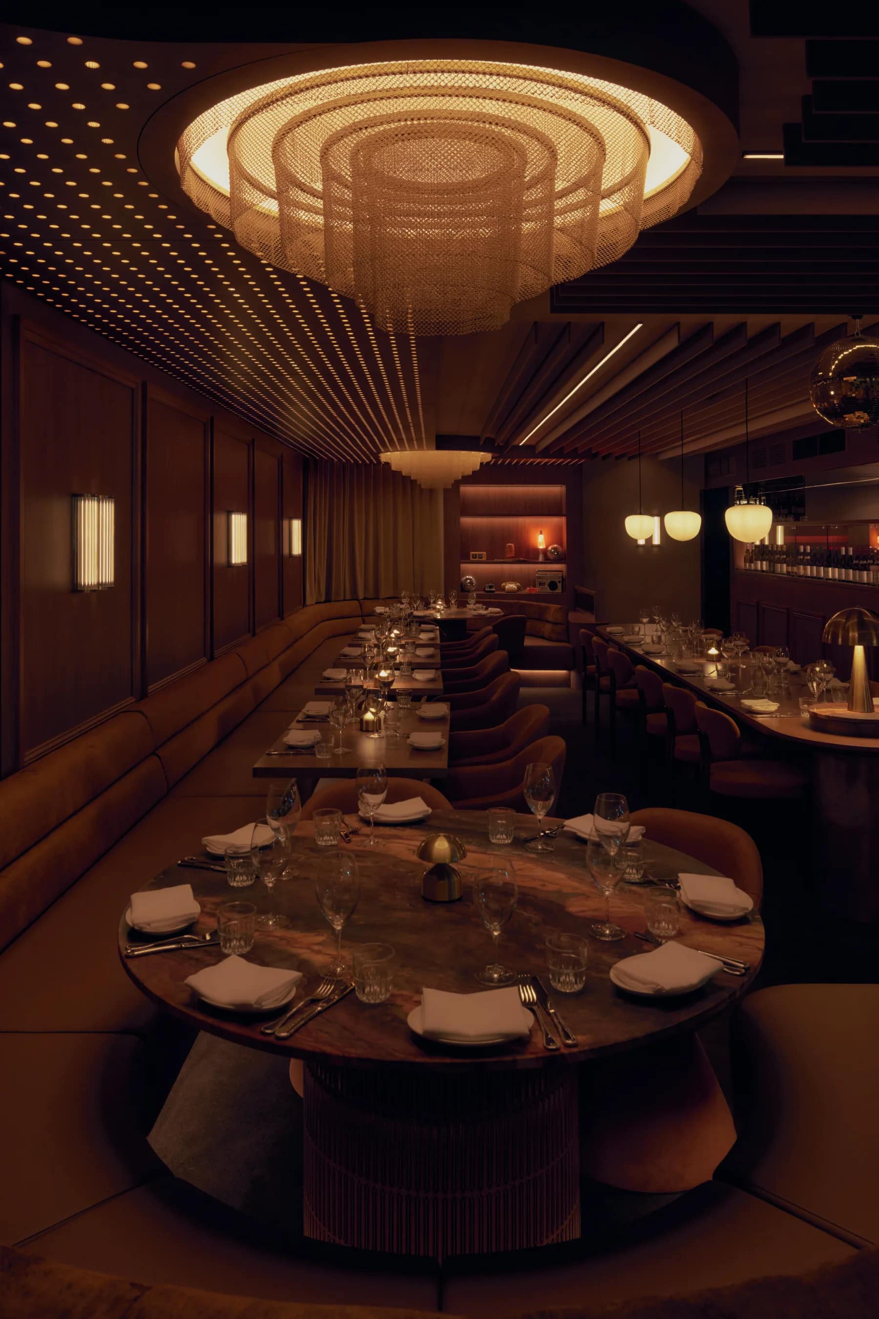 Penelope's warmly lit supper-club dining room set for dinner on James Street