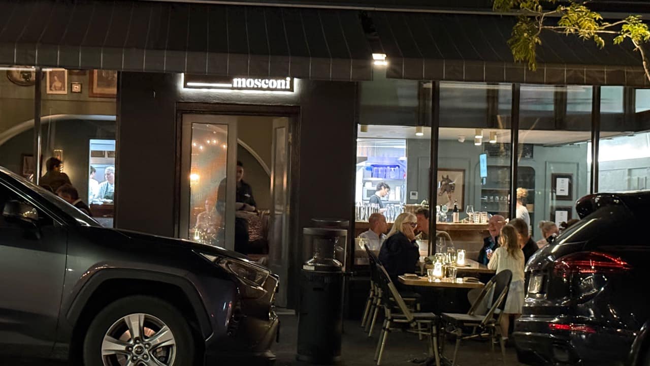 Mosconi frontage on Arthur Street at night, photographed by Brisbane Food Guide