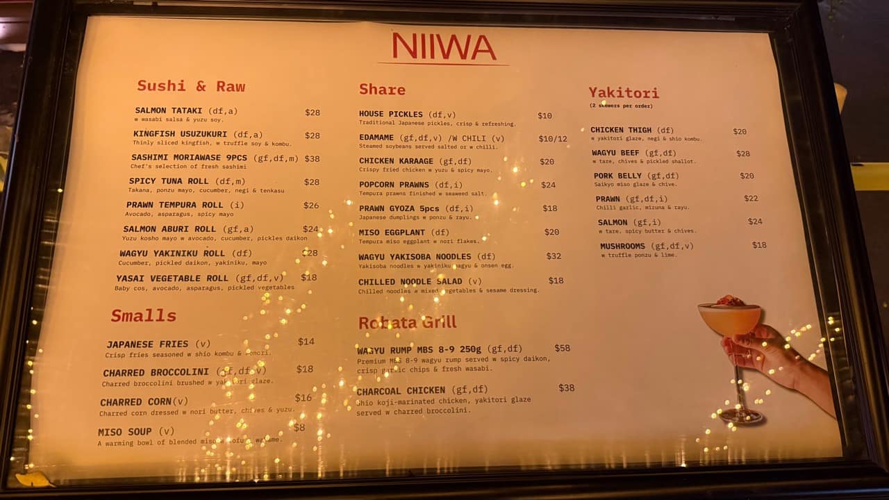 NIIWA menu photographed on James Street on 2 September 2026