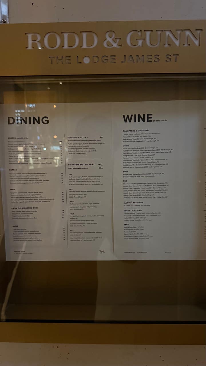 The Lodge Bar and Dining menu photographed on James Street on 2 September 2026
